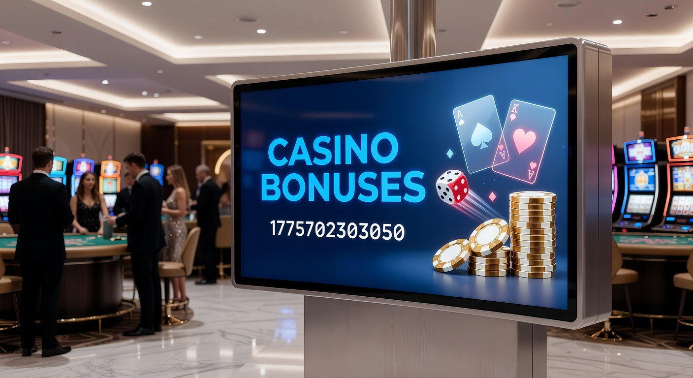 Vibrant display of casino bonus promotions on a digital screen, highlighting welcome offers and free spins