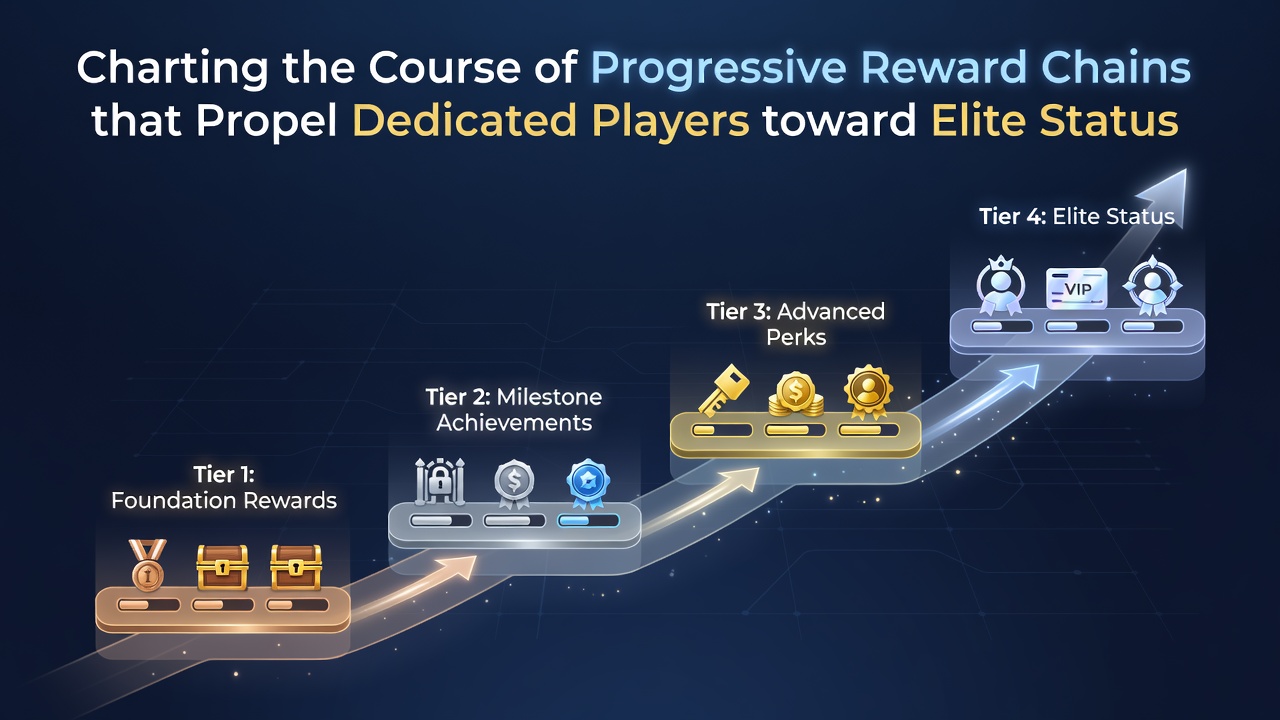 Illustration of smartphone interface displaying progressive reward chain milestones and elite tier unlock notifications