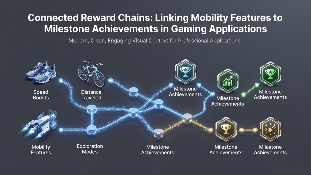 Dashboard view of chained achievements with mobility metrics feeding into milestone progress and reward distribution