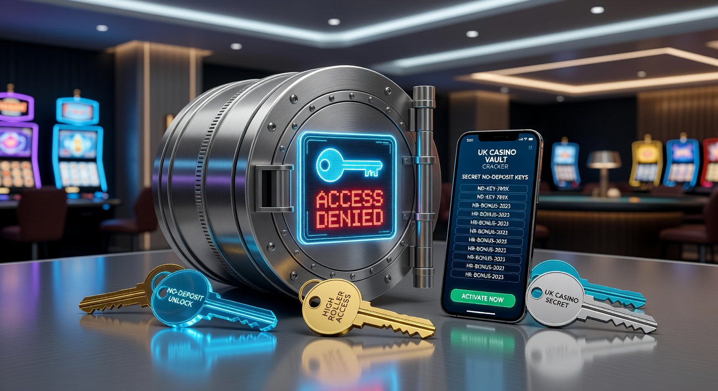 High roller smartphone displaying a glowing secret key unlocking a cascade of no-deposit bonuses in a UK casino app