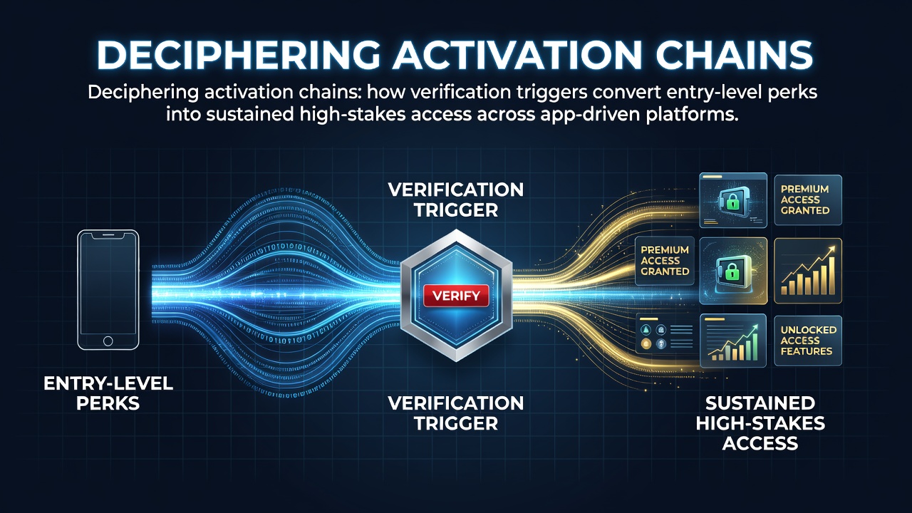 Flowchart illustrating verification steps that convert initial app perks into sustained high-stakes platform access