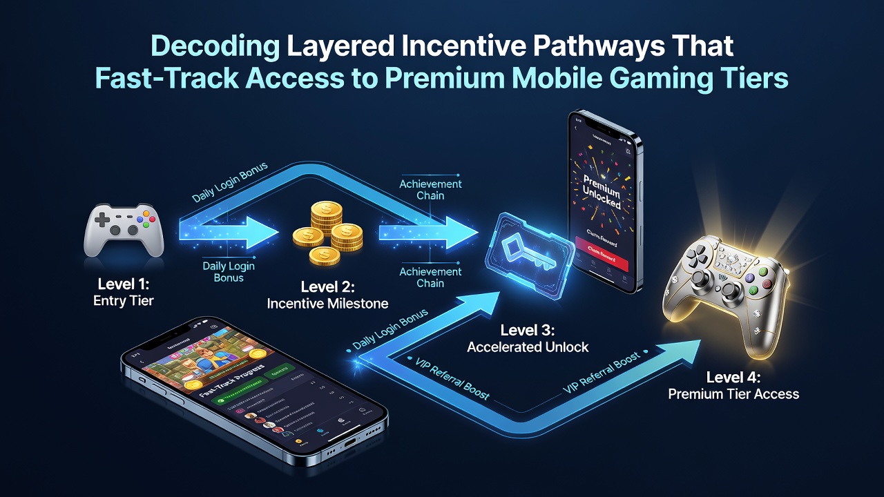 Mobile gaming interface displaying layered reward tiers and incentive pathways on a smartphone screen
