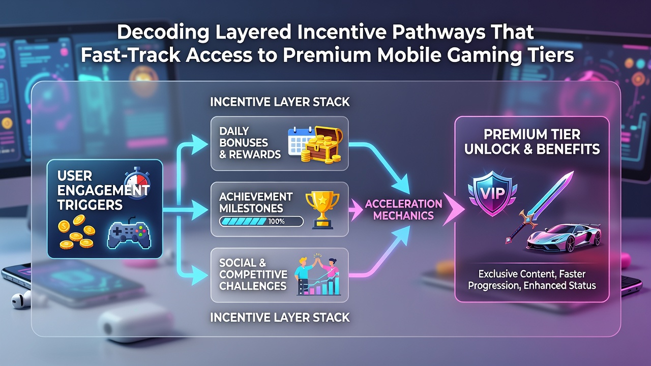 Illustration of mobile gaming loyalty progression showing multiple incentive layers and VIP level unlocks