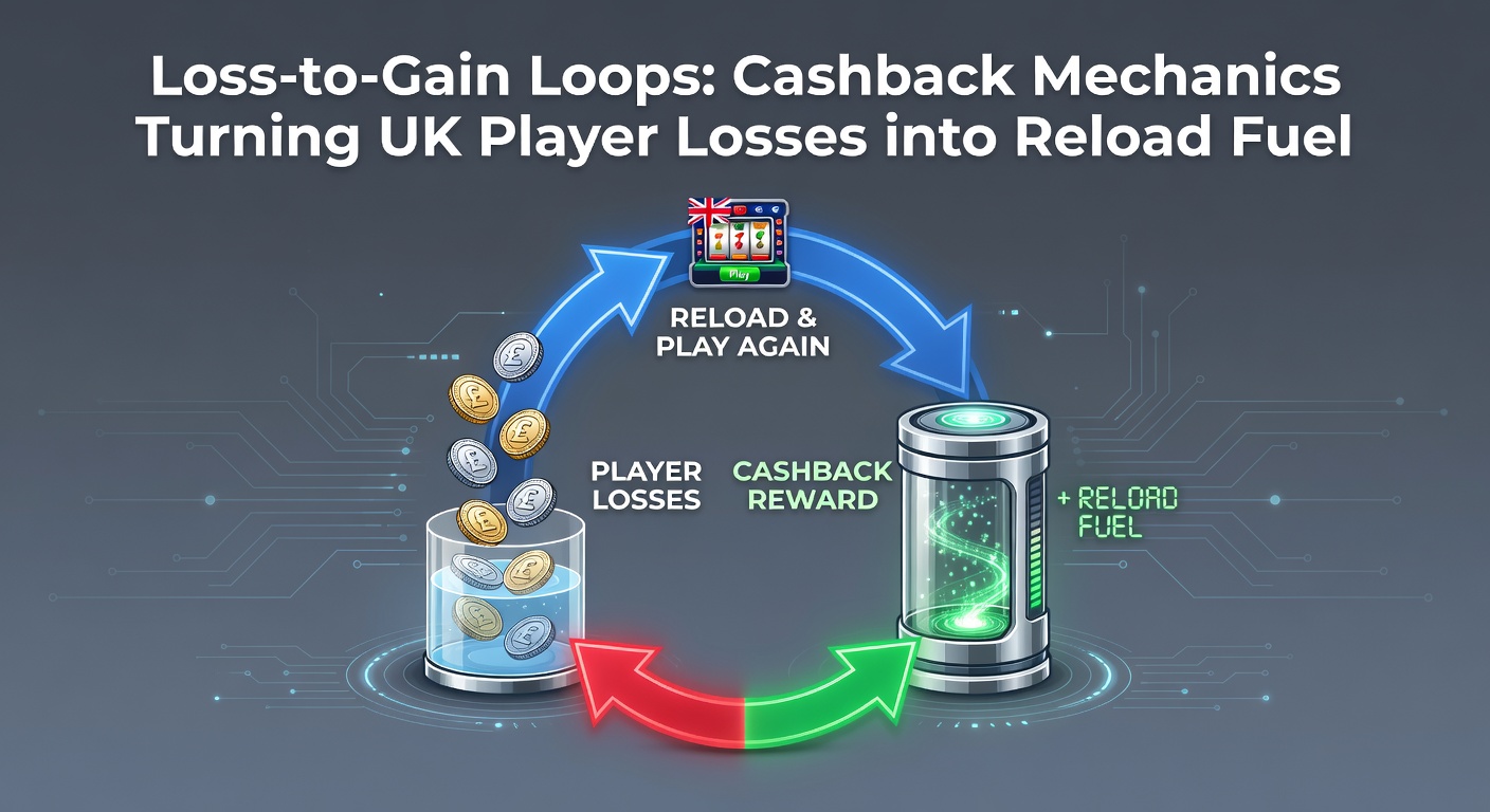 Graphic illustrating a cashback loop where player losses cycle back as reload bonuses in UK online casinos