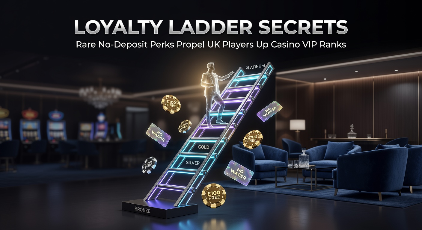 UK casino player ascending a glowing loyalty ladder with no-deposit bonus icons lighting the way to VIP summit