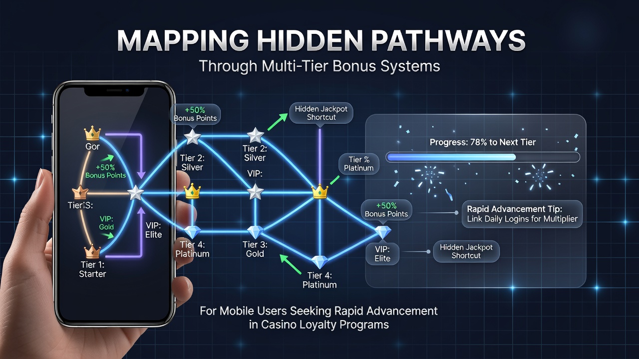 Mobile casino interface displaying multi-tier bonus progression paths and loyalty tier icons