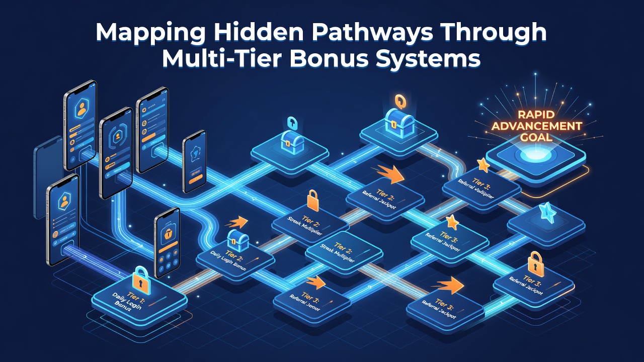 Infographic showing layered bonus trails connecting mobile actions to VIP tier advancement in casino programs