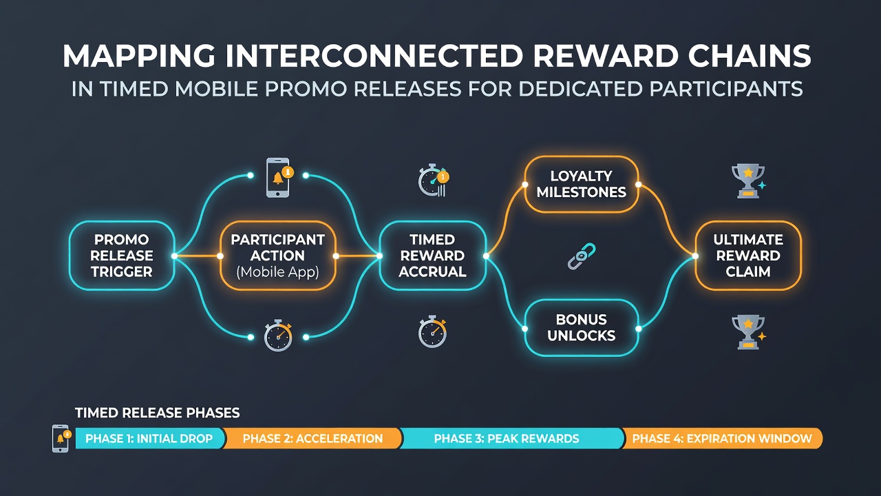 Diagram illustrating interconnected reward chains across timed mobile promotions