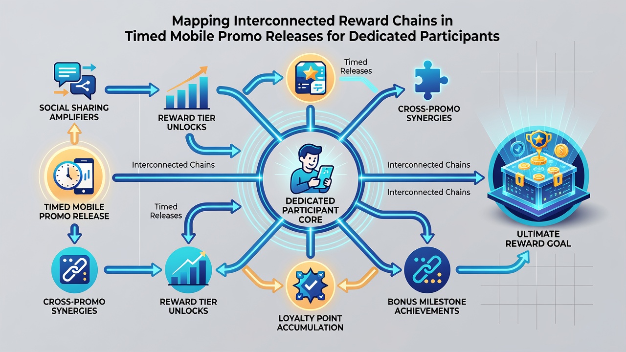 Flowchart showing how timed mobile promotions connect into reward sequences for loyal users