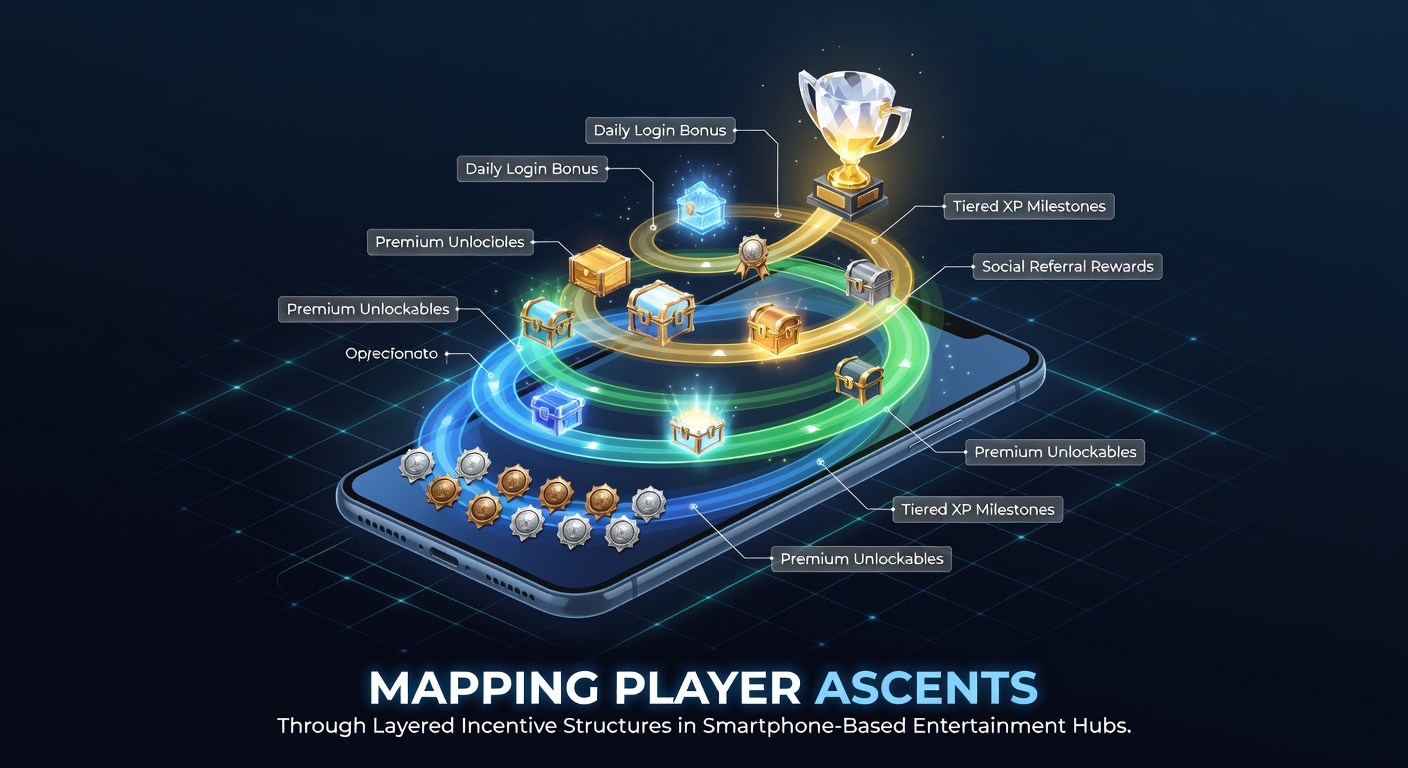 Smartphone screen displaying layered reward tiers and player progression map in a mobile entertainment app