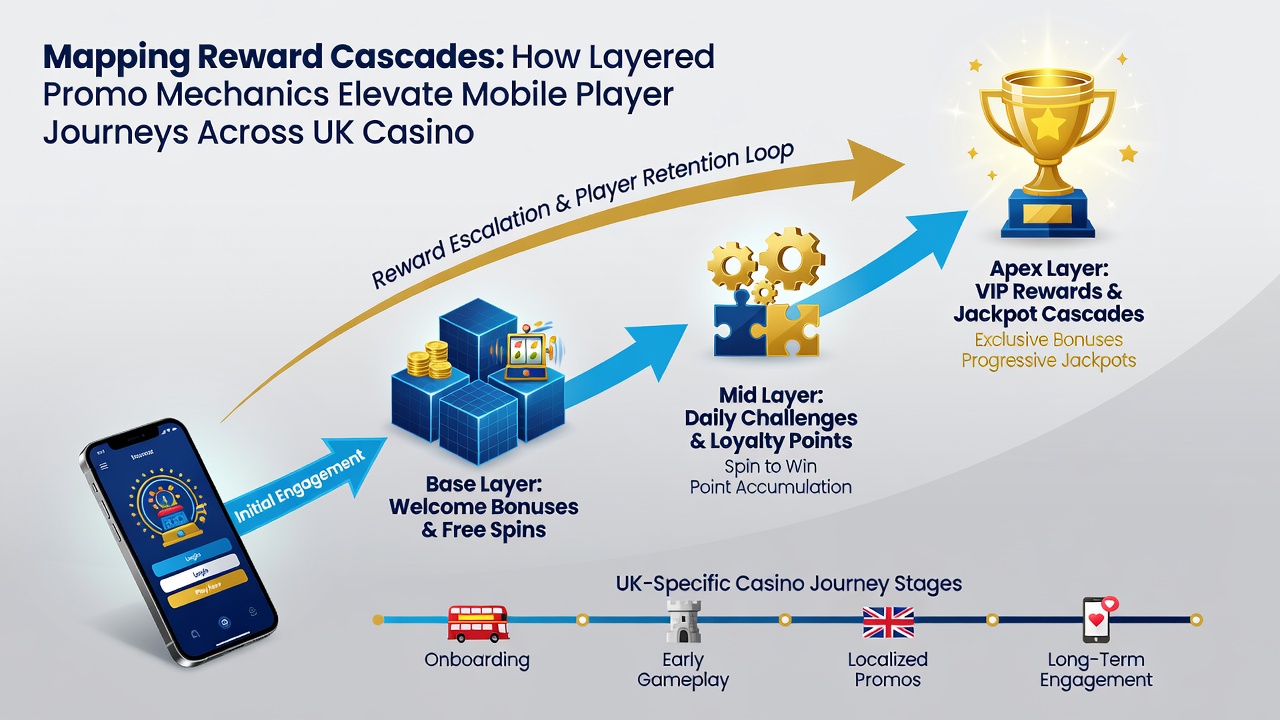 Diagram illustrating cascading reward layers mapped onto a mobile player journey timeline