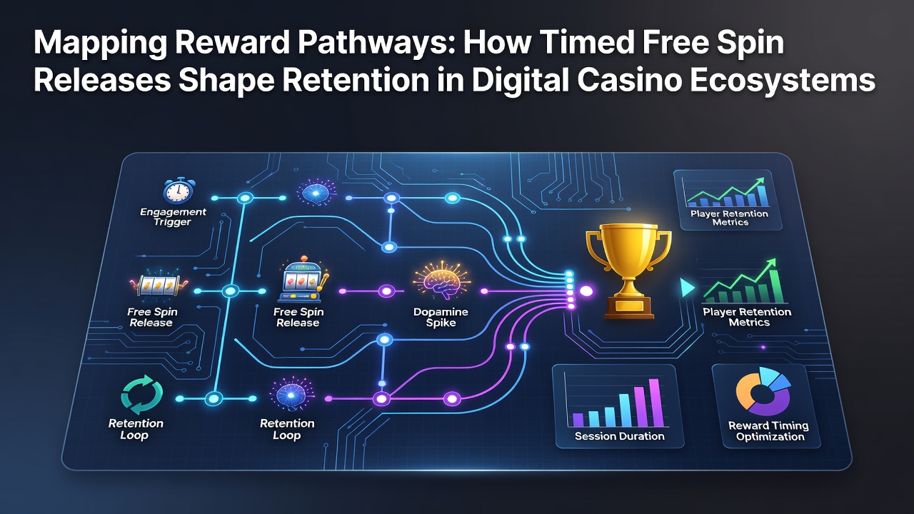 Digital interface showing timed free spin rewards in a casino app with retention metrics overlay
