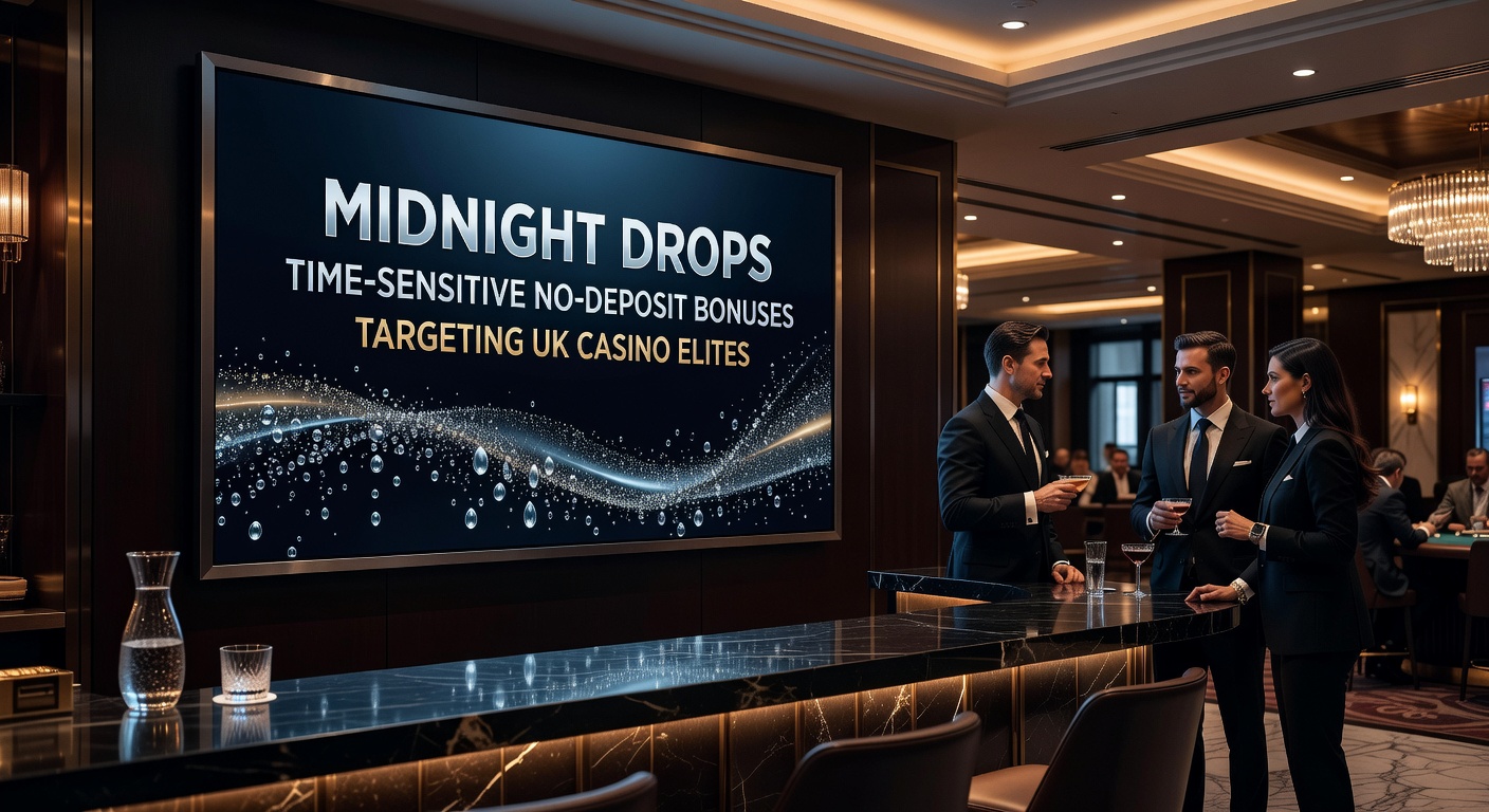 VIP player on mobile device claiming a midnight no-deposit bonus as casino lights pulse in the background