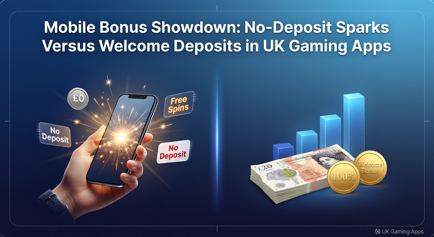 Smartphone screen displaying vibrant no-deposit bonus alerts and welcome package offers in a UK mobile casino app, highlighting the showdown between quick sparks and substantial deposits