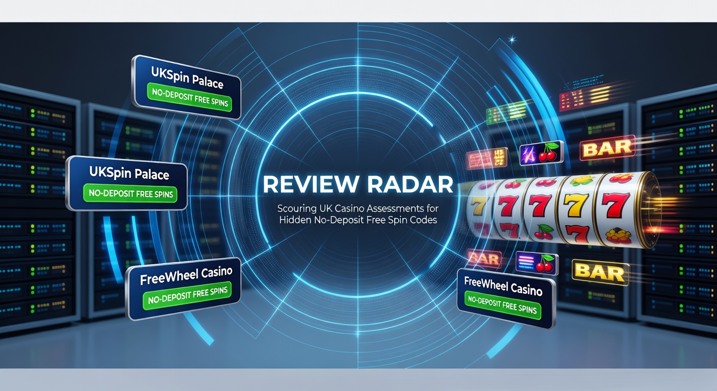 Digital radar scanning casino review pages for hidden bonus codes, with glowing free spin icons emerging from text