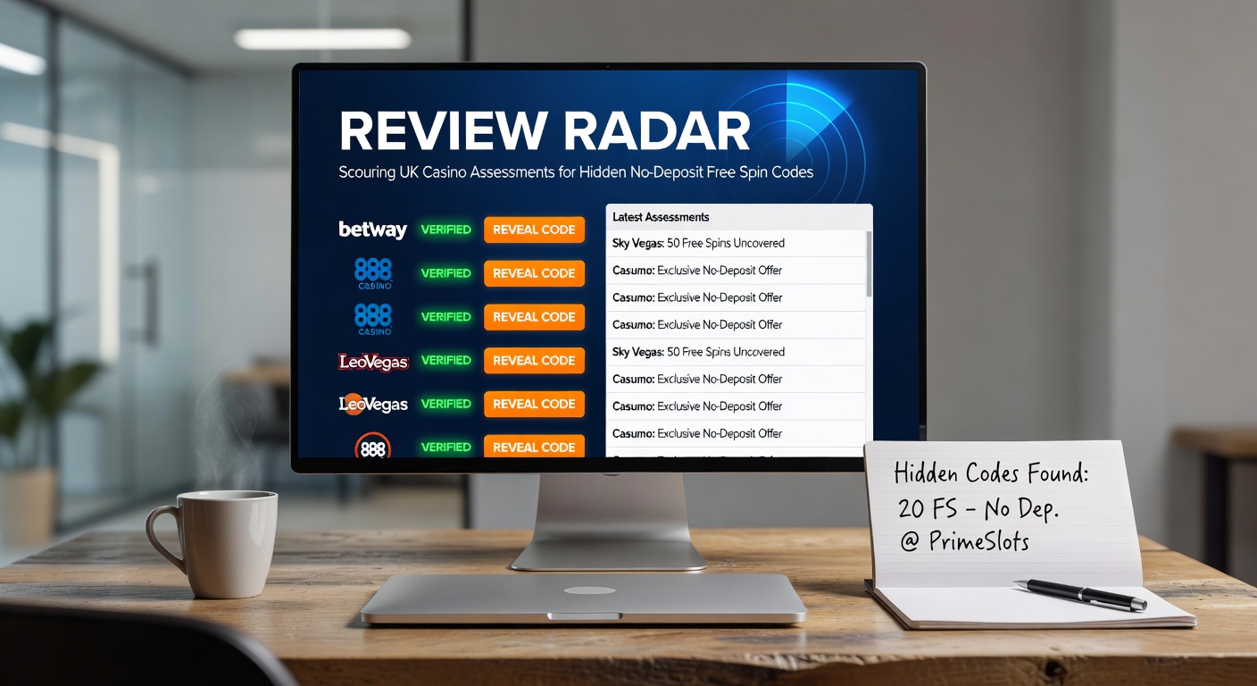Close-up of casino review interface with highlighted hidden code text and free spin notifications popping up
