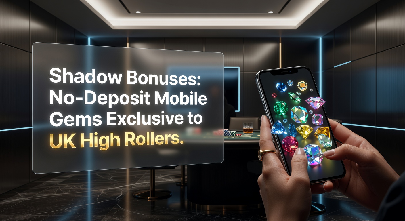 A sleek mobile phone screen displaying a shadowy casino bonus interface with gems and high-roller icons glowing in the background