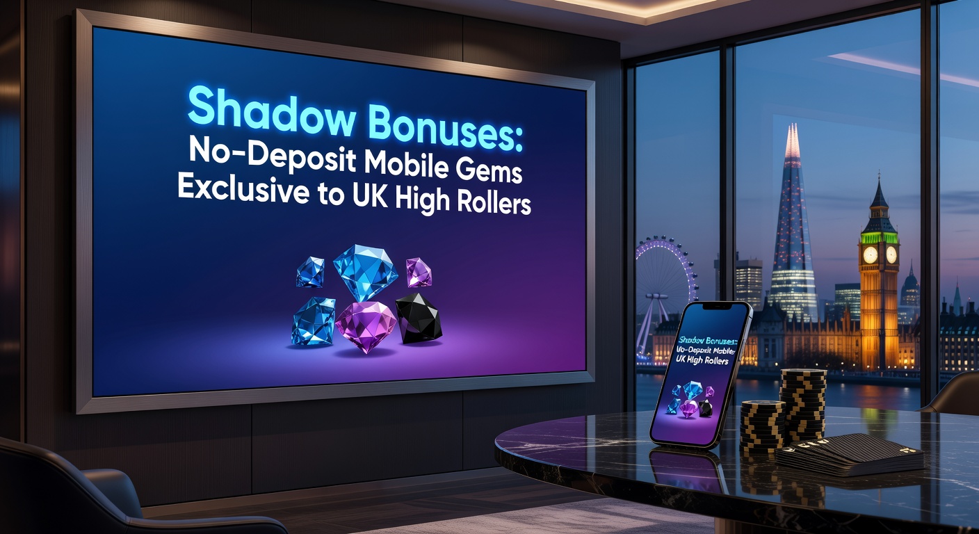 High-roller silhouette against a vibrant mobile casino dashboard, featuring glowing shadow bonus notifications and gem icons