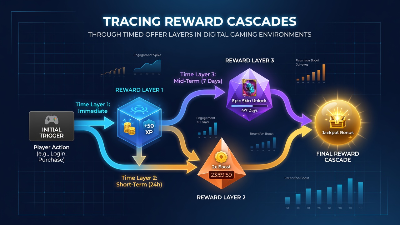 Diagram illustrating layered reward structures in digital gaming environments with timed offer sequences