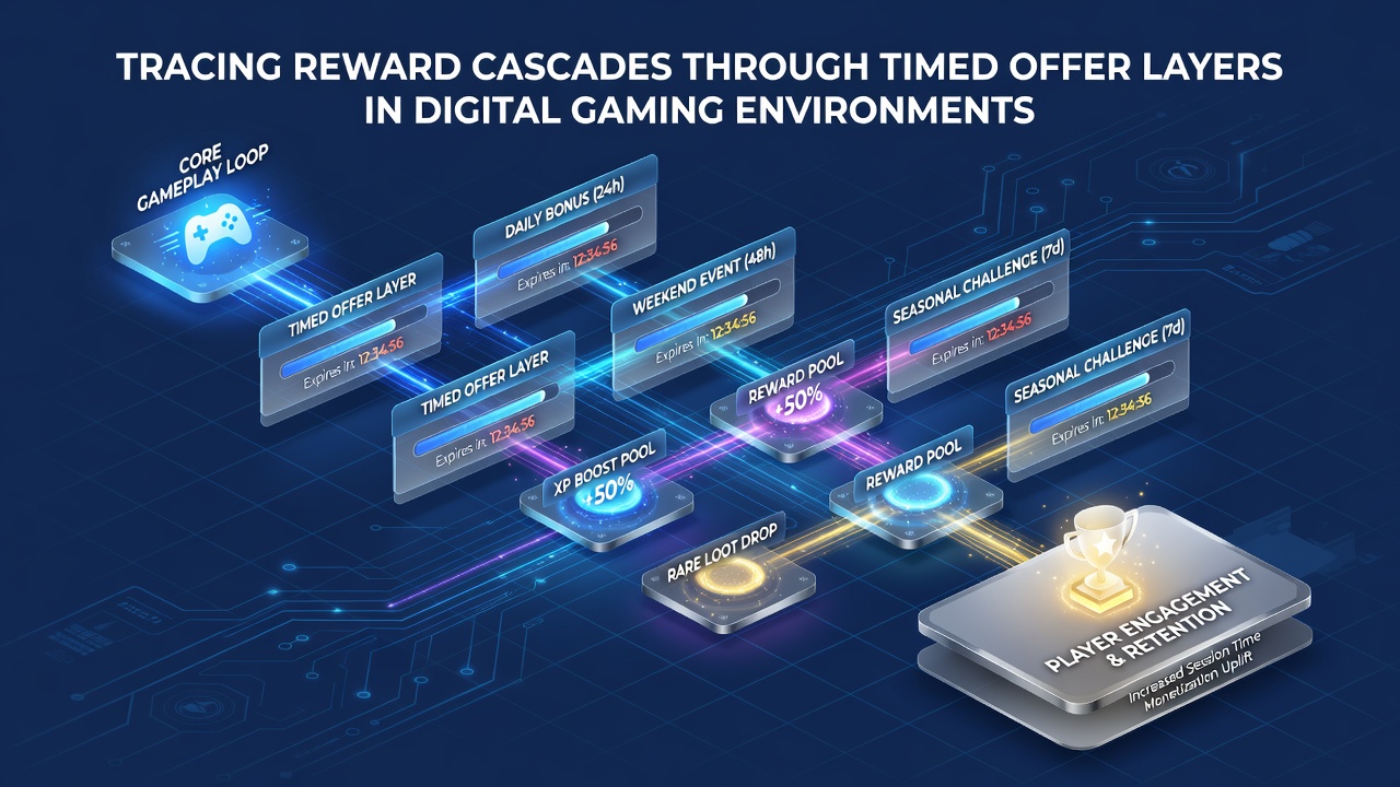 Illustration showing reward cascade pathways and timed offer activation points in gaming platforms