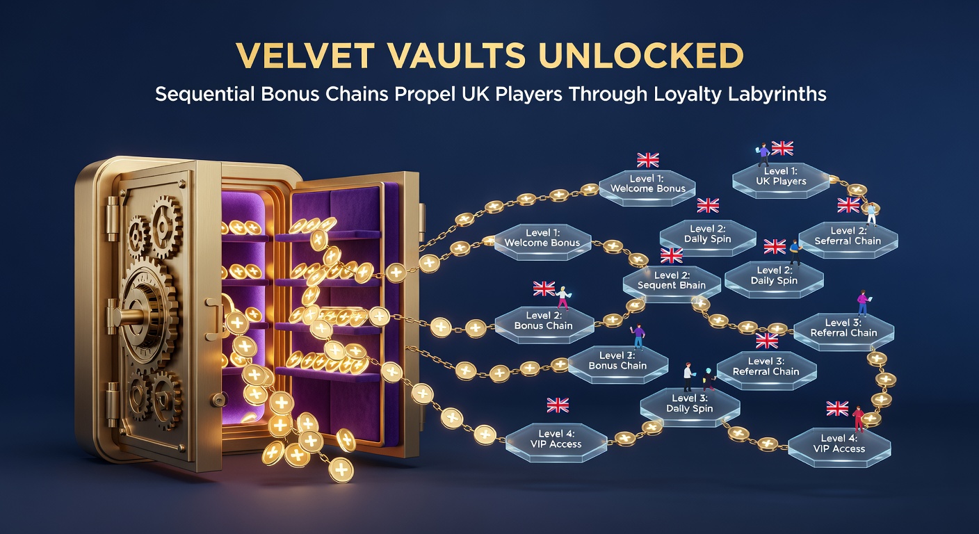 Close-up of a player's dashboard showing a glowing sequential bonus chain progressing through loyalty tiers toward a velvet vault icon