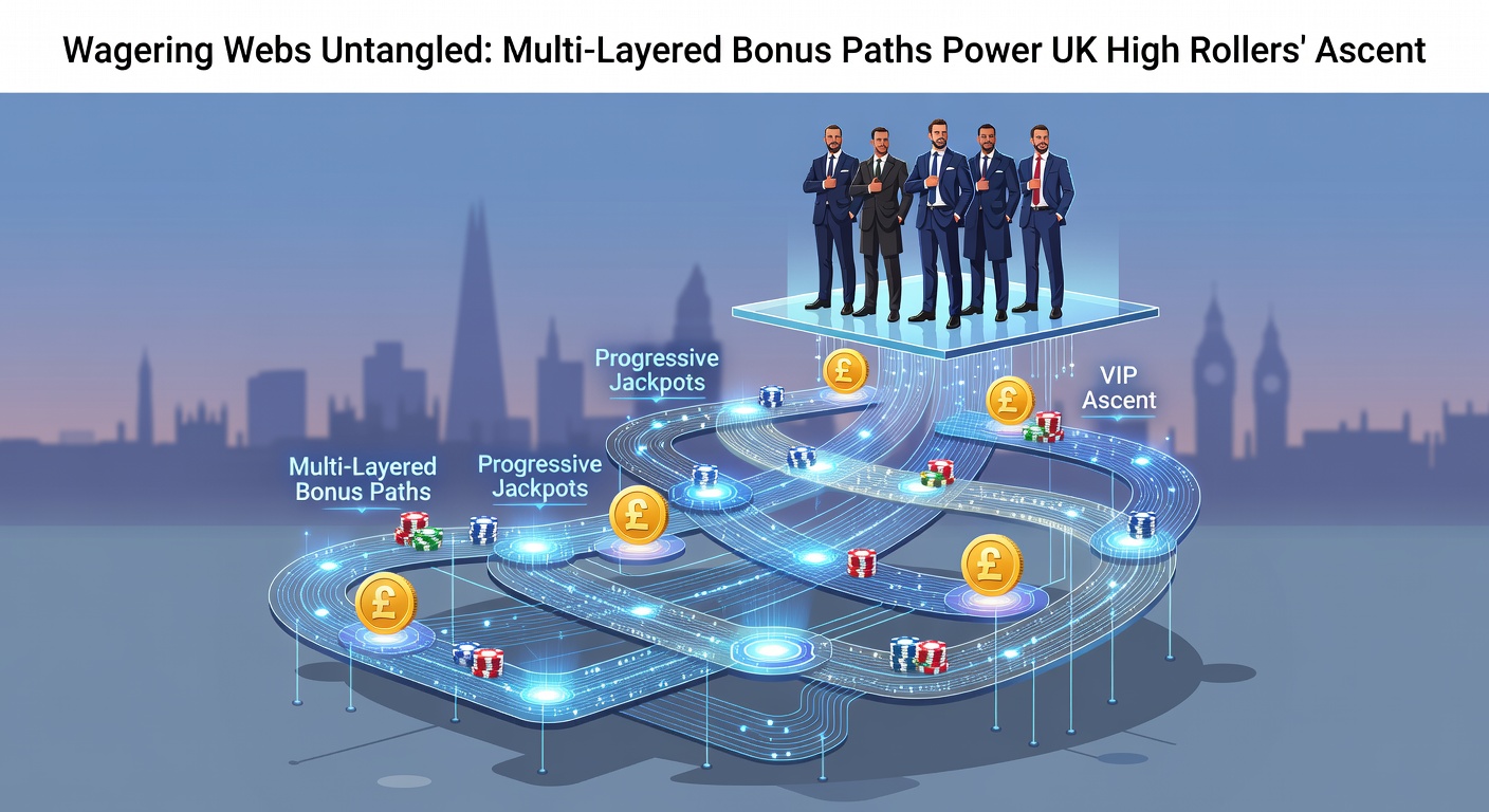 Illustration of a high roller navigating a complex web of golden bonus paths leading to a VIP summit in a casino landscape
