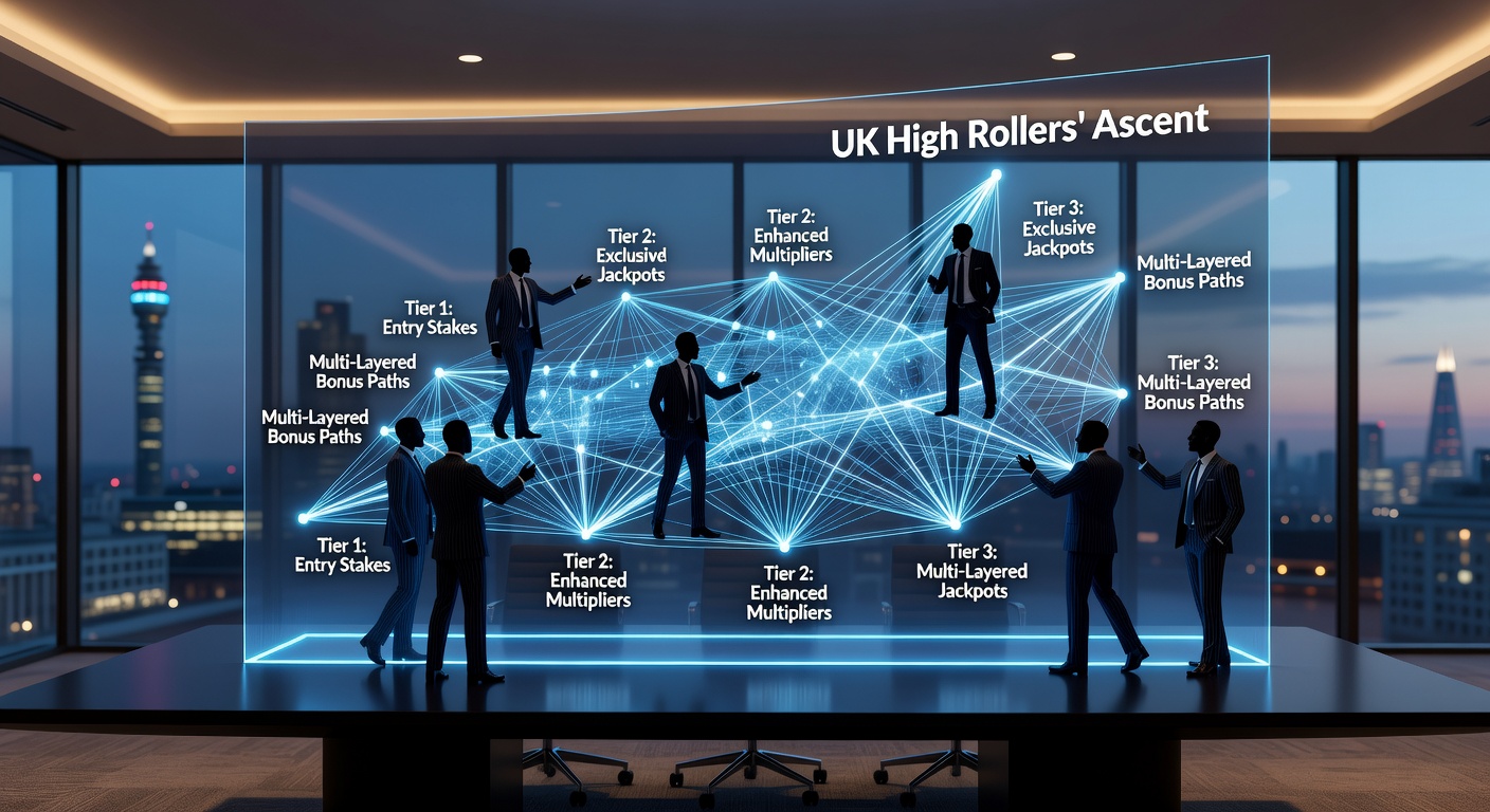 Close-up of a digital dashboard showing layered bonus progress bars filling up for a high roller, with VIP icons glowing at the top tiers